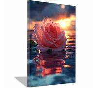 TERUEA Flowers Vintage Floral Leaf Pictures Painting on Print Canvas Poster Decor Pink Rose Water Sunset Reflection for Home and Office Decoration(Light Pink)-60x90cm Framed