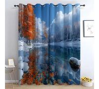 TERUEA Forest Curtains Snowy mountain lake with orange trees and leaf reflection 80% Blackout Curtains Print Pattern Room Darkening Window Drapes for Bedroom Living Room-63 W x 90" L (Pack of 2)