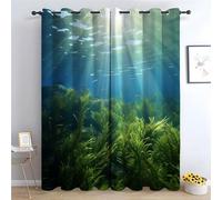 TERUEA Forest Curtains Underwater Sunlight Seaweed Fish Curtain Thermal Insulated 80% Blackout Curtain Pattern Room Darkening Window Drapes for Bedroom Living Room(Green)-52" W x 84" L (Pack of 2)