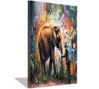 TERUEA Funny Bathroom Canvas Wall Art Graffiti Elephant with Artist, Creature Canvas Modern Wall Art Animals Pictures for Bedroom Living Room Office(Brown)-70x100cm1 Framed