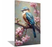 TERUEA Funny Bathroom Wall Art Decor, Blue-Brown Bird on Pink Cherry Blossom Branch, Unique Animal Decor Canvas Wall Art Bathing Animals Humor Abstract Prints,(Pink)-80x120cm1 Framed