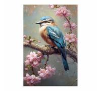 TERUEA Funny Bathroom Wall Art Decor, Blue-Brown Bird on Pink Cherry Blossom Branch, Unique Animal Decor Canvas Wall Art Bathing Animals Humor Abstract Prints,(Pink)-60x90cm1 Unframed