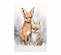 TERUEA Funny Bathroom Wall Art Decor, Watercolor Deer & Fox in Snow, Charming Winter Animal Decor Humor Poster Picture for Toilet Bathroom(Brown)-70x100cm1 Unframed