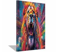 TERUEA Funny Bathroom Wall Painting Animals Humor Abstract Artwork For Living Room Vibrant Roaring Lion, Dynamic Fantasy Decor Cute Animals Poster Artwork (Fuchsia)-70x100cm1 Framed