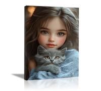 TERUEA Glamorous Art Deco Inspired Little girl holding a small animal Women Wall Art Canvas Artwork (Blue)-20x30cm1 Framed
