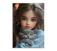 TERUEA Glamorous Art Deco Inspired Little girl holding a small animal Women Wall Art Canvas Artwork (Blue)-60x90cm1 Unframed