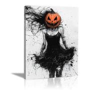 TERUEA Goth Crow Women Canvas Wall Art A faceless girl in black robes with a pumpkin head, Victorian Paintings Moody Victorian Romance Art Halloween Picture(Black)-80x120cm1 Framed
