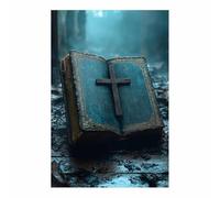 TERUEA Gothic Abstract Wall Art for Halloween Decor, An open Bible on the ground next to a wooden cross Skull Wall Art, and Gothic Wall Decoration(Navy blue)-30x45cm1 Unframed