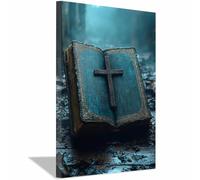 TERUEA Gothic Abstract Wall Art for Halloween Decor, An open Bible on the ground next to a wooden cross Skull Wall Art, and Gothic Wall Decoration(Navy blue)-40x60cm1 Framed