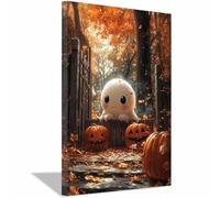 TERUEA Gothic Black Crows Canvas Wall Art A cute spirit is surrounded by pumpkins behind a fence, Dark Academia Wall Decor The Crow Painting Poster Halloween Victorian (White)-30x45cm1 Framed