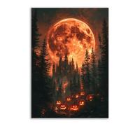 TERUEA Gothic Black Crows Canvas Wall Art A red full moon in the sky, burning with orange flames, Wall Decor The Crow Painting Poster Halloween Victorian (Red)-80x120cm1 Unframed