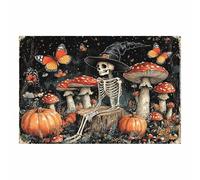 TERUEA Gothic Black Crows Canvas Wall Art A skeleton wearing a mushroom cap stands among mushrooms, Dark Academia Wall Decor The Crow Painting Poster Halloween Victorian (Red)-80x120cm1 Unframed