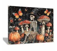 TERUEA Gothic Black Crows Canvas Wall Art A skeleton wearing a mushroom cap stands among mushrooms, Dark Academia Wall Decor The Crow Painting Poster Halloween Victorian (Red)-60x90cm1 Framed
