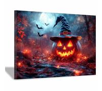 TERUEA Gothic Black Crows Canvas Wall Art Pumpkins wearing witch hats in the moonlight Dark Academia Wall Decor The Crow Painting Poster Halloween Victorian (Red)-70x100cm1 Framed