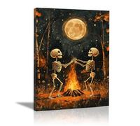 TERUEA Gothic Black Crows Canvas Wall Art Skeletons dancing around a bonfire, Wall Decor The Crow Painting Poster Halloween Victorian (White)-40x60cm1 Framed
