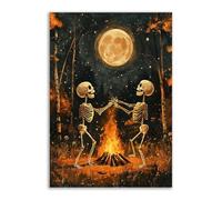 TERUEA Gothic Black Crows Canvas Wall Art Skeletons dancing around a bonfire, Wall Decor The Crow Painting Poster Halloween Victorian (White)-70x100cm1 Unframed