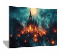 TERUEA Gothic Black Crows Canvas Wall Art The moonlight shines in a cemetery at night, Dark Academia Wall Decor The Crow Painting Poster Halloween Victorian (Haze Blue)-20x30cm1 Framed