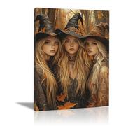 TERUEA Gothic Black Crows Canvas Wall Art Three witches in an autumn forest with fall leaves at night, Wall Decor The Crow Painting Poster Halloween Victorian (Yellow)-30x45cm1 Framed