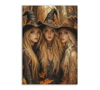 TERUEA Gothic Black Crows Canvas Wall Art Three witches in an autumn forest with fall leaves at night, Wall Decor The Crow Painting Poster Halloween Victorian (Yellow)-40x60cm1 Unframed