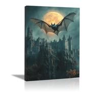 TERUEA Gothic Canvas Wall Art Paintings A bat flying over an old castle in the moonlight, Abstract Halloween Skeleton Pictures on Canvas Prints Artwork for Bedroom Home Decor (Black)-70x100cm1 Framed