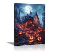 TERUEA Gothic Canvas Wall Art Paintings A haunted house with a glowing jack-o'-lantern hanging out front, Abstract Halloween Artwork for Bedroom Home Decor (Red)-20x30cm1 Framed