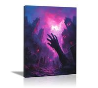 TERUEA Gothic Canvas Wall Art Paintings Vampires and ghosts in an old cemetery under a purple sky, Abstract Halloween on Canvas Prints Artwork for Bedroom Home Decor (Purple)-60x90cm1 Framed