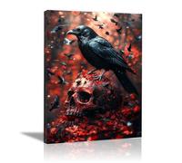 TERUEA Gothic Room Decor Aesthetic Halloween Decor A crow perched on top of a skeleton in the forest, Creepy Art Prints Scary Picture Witch Decoration (Black)-60x90cm1 Framed