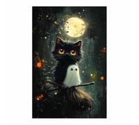 TERUEA Gothic Room Decor Witchy Wall Decor Aesthetic Halloween Decor A cute black animal riding a witch's broomstick Gothic Wall Art Prints Scary Picture Witch Decoration (Black)-60x90cm1 Unframed