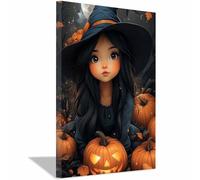TERUEA Gothic Room Decor Witchy Wall Decor Aesthetic Halloween Decor A cute little witch and a pumpkin, Gothic Wall Art Prints Scary Picture Witch Decoration (Orange)-80x120cm1 Framed