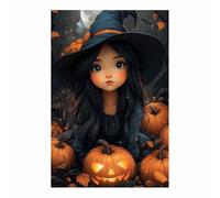 TERUEA Gothic Room Decor Witchy Wall Decor Aesthetic Halloween Decor A cute little witch and a pumpkin, Gothic Wall Art Prints Scary Picture Witch Decoration (Orange)-40x60cm1 Unframed