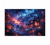 TERUEA Gothic Wall Art Decor, Abstract Design - A haunted house surrounded by spirits and skeletons, Halloween Décor and Spooky Wall Decoration(Haze Blue)-70x100cm1 Unframed