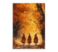 TERUEA Gothic Wall Art Decor, Abstract Design - Three witches in the woods with autumn leaves, Halloween Décor and Spooky Wall Decoration(Orange)-80x120cm1 Unframed