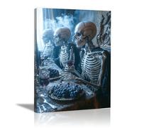TERUEA Gothic Wall Art Halloween Wall Decor Skull Canvas Art A group of skeletons sitting around a table drinking Pictures Vintage painting Office Livin(White)-60x90cm1 Framed