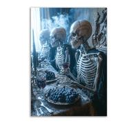 TERUEA Gothic Wall Art Halloween Wall Decor Skull Canvas Art A group of skeletons sitting around a table drinking Pictures Vintage painting Office Livin(White)-30x45cm1 Unframed