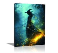 TERUEA Gothic Wall Art Halloween Wall Decor Skull Canvas Art A witch waving a broom in the forest, Pictures Vintage painting Office Livin(Black)-60x90cm1 Framed