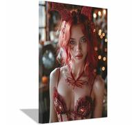 TERUEA Gothic Wall Art Halloween Wall Decor Skull Canvas Art Gorgeous girl celebrating a holiday, Pictures Vintage painting Office Livin(Red)-70x100cm1 Framed