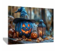 TERUEA Gothic Wall Art Halloween Wall Decor Skull Canvas Art Pumpkins and witch hats are placed on a wooden table, Pictures Vintage painting Office Livin(Navy Blue)-20x30cm1 Framed