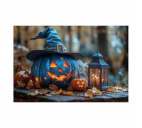 TERUEA Gothic Wall Art Halloween Wall Decor Skull Canvas Art Pumpkins and witch hats are placed on a wooden table, Pictures Vintage painting Office Livin(Navy Blue)-40x60cm1 Unframed
