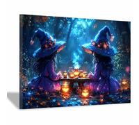 TERUEA Gothic Wall Art Halloween Wall Decor Skull Canvas Art Two witches sitting around a table Pictures Vintage painting Office Livin(Light grayish purple)-30x45cm1 Framed