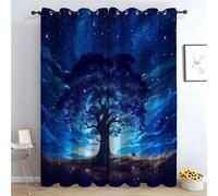 TERUEA Green Blackout Curtains for Bedroom Starry Night Tree Scenic Curtain Textured Farmhouse Curtain Leaf Printed Rustic Drapes Window Treatment(Navy Blue)-52" W x 90" L (Pack of 2)