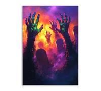 TERUEA Halloween Art Print A cemetery with zombie hands rising from the ground, Spooky Haunted House Whimsical Halloween Decor for Living Room Bedroom or Gallery (Purple)-20x30cm1 Unframed