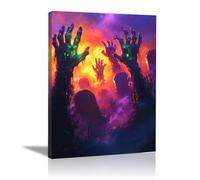 TERUEA Halloween Art Print A cemetery with zombie hands rising from the ground, Spooky Haunted House Whimsical Halloween Decor for Living Room Bedroom or Gallery (Purple)-80x120cm1 Framed