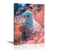 TERUEA Halloween Art Print, A cute ghost riding a pumpkin-shaped bicycle, Spooky Haunted House Whimsical Halloween Decor for Living Room Bedroom or Gallery (Pink)-30x45cm1 Framed