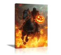 TERUEA Halloween Art Print, A knight on a black horse holds an orange jack-o'-lantern, Spooky Haunted House Whimsical Halloween Decor for Living Room Bedroom or Gallery (Orange)-80x120cm1 Framed