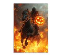 TERUEA Halloween Art Print, A knight on a black horse holds an orange jack-o'-lantern, Spooky Haunted House Whimsical Halloween Decor for Living Room Bedroom or Gallery (Orange)-70x100cm1 Unframed