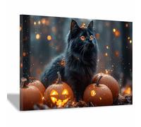 TERUEA Halloween Art Print Haunted House Art Print A cute black animal sits on a sparkling pumpkin Spooky Haunted House Witchy Wall Decor for Living Room Bedroom (Black)-80x120cm1 Framed