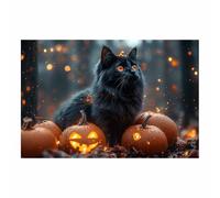 TERUEA Halloween Art Print Haunted House Art Print A cute black animal sits on a sparkling pumpkin Spooky Haunted House Witchy Wall Decor for Living Room Bedroom (Black)-60x90cm1 Unframed