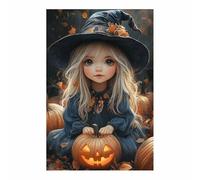 TERUEA Halloween Art Print Haunted House Art Print A cute little witch and a pumpkin, Spooky Haunted House Witchy Wall Decor for Living Room Bedroom (Gold)-80x120cm1 Unframed