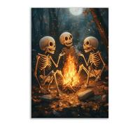 TERUEA Halloween Art Print Haunted House Art Print A skeleton warming himself by a fire, Spooky Haunted House Whimsical Halloween Decor for Living Room Bedroom or Gallery (White)-70x100cm1 Unframed
