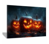 TERUEA Halloween Art Print Haunted House Art Print Three scary pumpkins lit up in the dark Spooky Haunted House Witchy Wall Decor for Living Room Bedroom (Orange)-80x120cm1 Framed